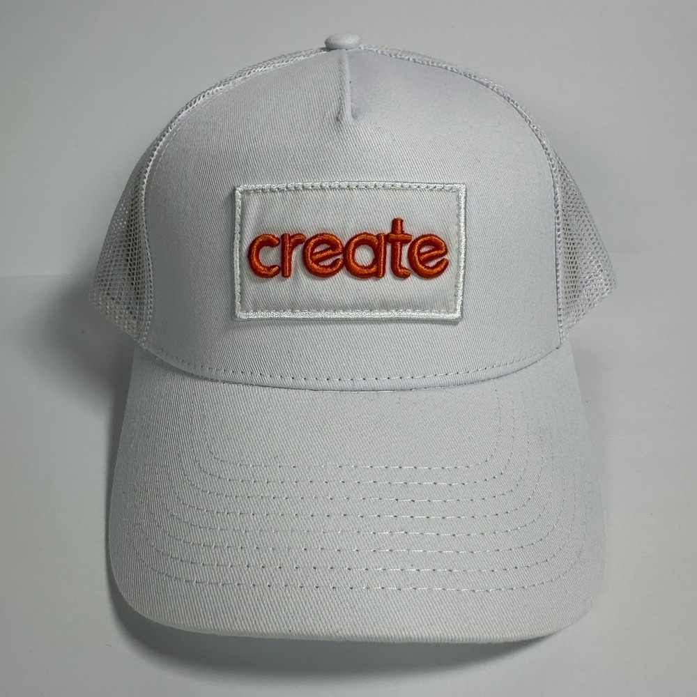 Create Trucker Hat‎ White Mesh Cap Orange Embroidered Logo Adjustable Snapback